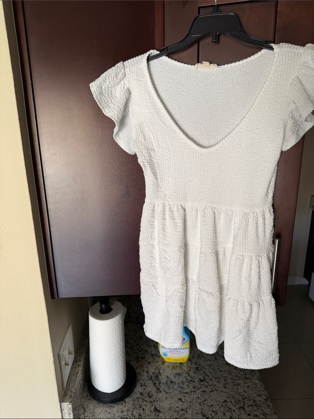 Girls White Textured Tiered Dress with Flutter Sleeves
